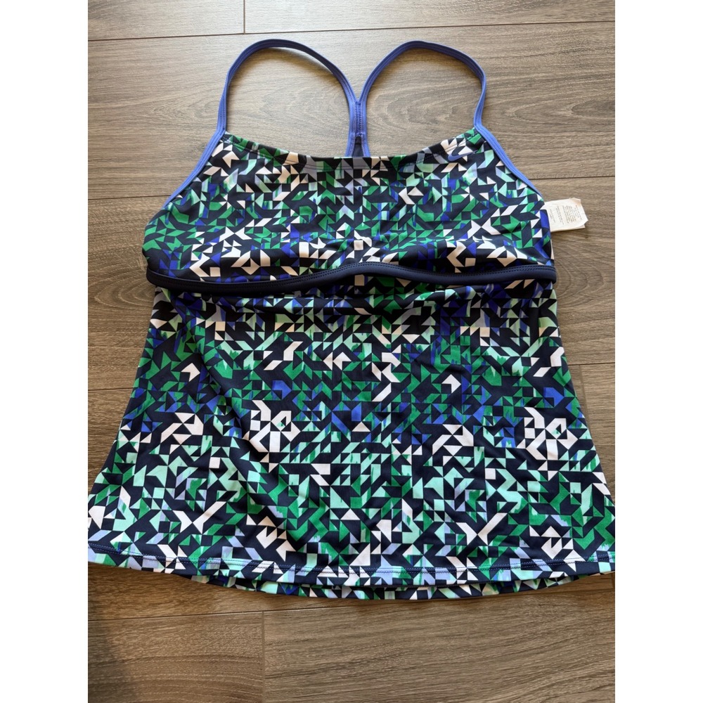 Nike Tankini Swim Top Large Geometric Blue Green Racerback Athletic Swimwear